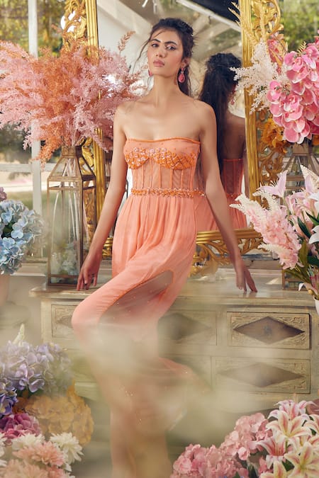 Tabeer India_Orange Net Sequins, Cut Work Sweetheart Neck Hand Embellished Corset Jumpsuit _Online_at_Aza_Fashions