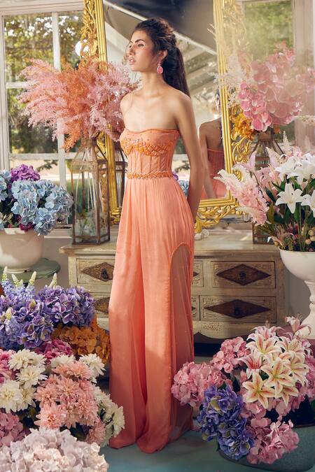 Buy_Tabeer India_Orange Net Sequins, Cut Work Sweetheart Neck Hand Embellished Corset Jumpsuit _Online_at_Aza_Fashions