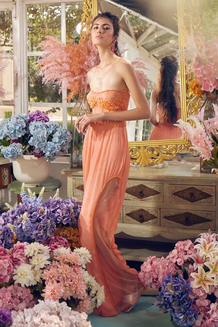 Shop_Tabeer India_Orange Net Sequins, Cut Work Sweetheart Neck Hand Embellished Corset Jumpsuit _Online_at_Aza_Fashions