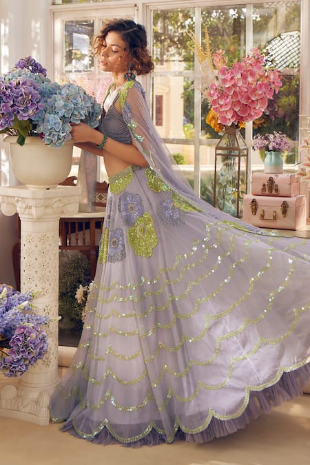 Tabeer India_Grey Organza, Net Sequins, Cut Celmiia Floral Blossom Embellished Lehenga Set _Online_at_Aza_Fashions