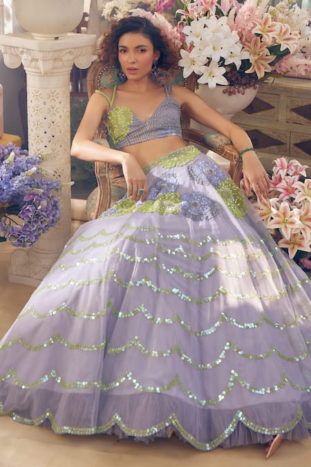 Buy_Tabeer India_Grey Organza, Net Sequins, Cut Celmiia Floral Blossom Embellished Lehenga Set _Online_at_Aza_Fashions