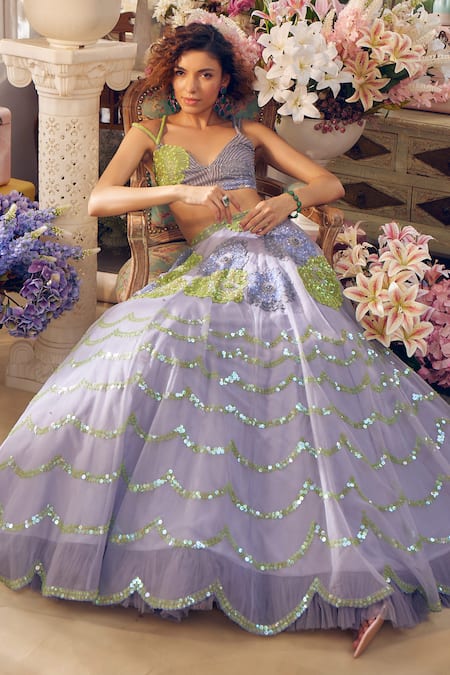 Shop_Tabeer India_Grey Organza, Net Sequins, Cut Celmiia Floral Blossom Embellished Lehenga Set _Online_at_Aza_Fashions