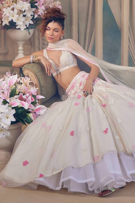 Tabeer India_Ivory Georgette, Net Sequins, Cut Azalea Abstract Hand Embellished Lehenga Set _Online_at_Aza_Fashions