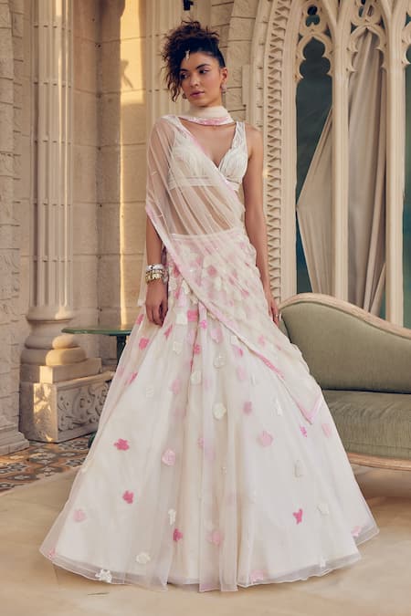 Shop_Tabeer India_Ivory Georgette, Net Sequins, Cut Azalea Abstract Hand Embellished Lehenga Set _Online_at_Aza_Fashions