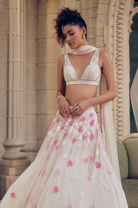 Tabeer India_Ivory Georgette, Net Sequins, Cut Azalea Abstract Hand Embellished Lehenga Set _at_Aza_Fashions