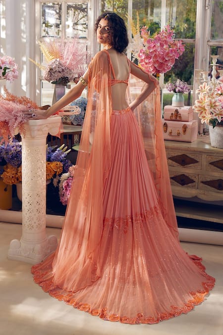 Tabeer India Cataloupe Pleated Lehenga Cape Set 