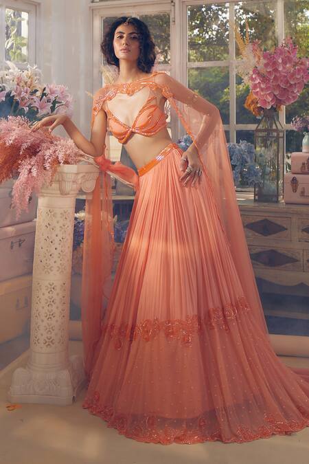 Tabeer India Orange Organza, Net Sequins, Cut Work Plunge Cataloupe Pleated Lehenga Cape Set Online at Aza Fashions Tabeer India_Orange Organza, Net Sequins, Cut Work Plunge Cataloupe Pleated Lehenga Cape Set _Online_at_Aza_Fashions