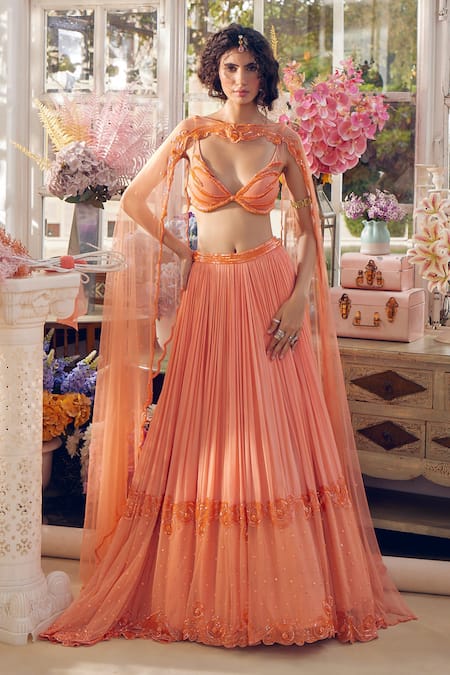 Shop Tabeer India Orange Organza, Net Sequins, Cut Work Plunge Cataloupe Pleated Lehenga Cape Set Online at Aza Fashions Shop_Tabeer India_Orange Organza, Net Sequins, Cut Work Plunge Cataloupe Pleated Lehenga Cape Set _Online_at_Aza_Fashions