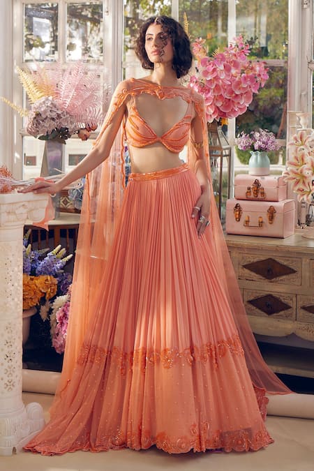 Tabeer India Orange Organza, Net Sequins, Cut Work Plunge Cataloupe Pleated Lehenga Cape Set at Aza Fashions Tabeer India_Orange Organza, Net Sequins, Cut Work Plunge Cataloupe Pleated Lehenga Cape Set _at_Aza_Fashions