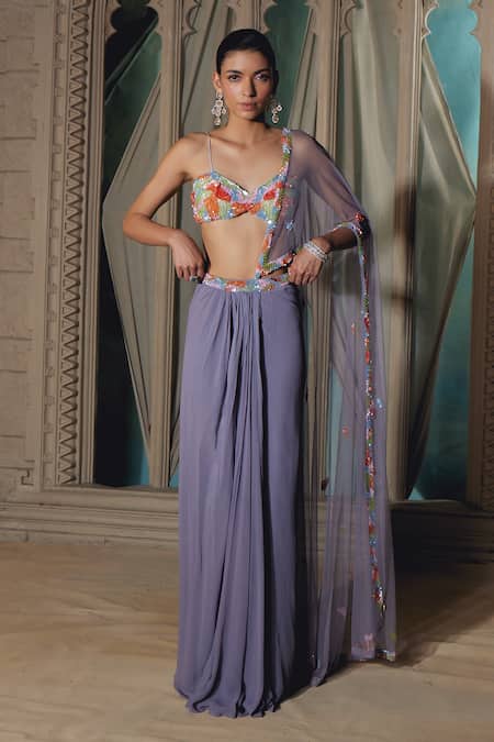 Tabeer India_Grey Georgette, Net Sequins, Cut Work Pre-draped Saree With Embellished Blouse _Online_at_Aza_Fashions