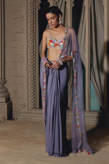 Buy_Tabeer India_Grey Georgette, Net Sequins, Cut Work Pre-draped Saree With Embellished Blouse _Online_at_Aza_Fashions