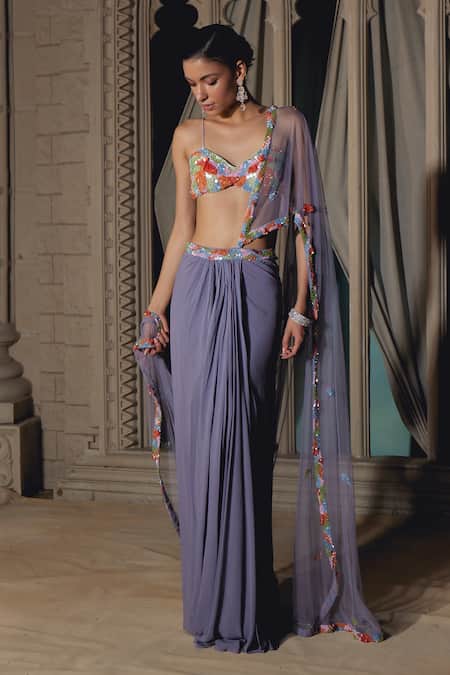 Shop_Tabeer India_Grey Georgette, Net Sequins, Cut Work Pre-draped Saree With Embellished Blouse _Online_at_Aza_Fashions