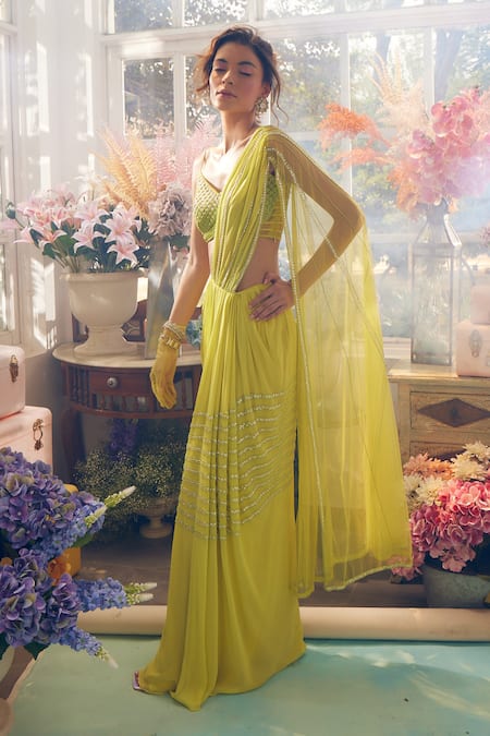 Tabeer India Green Georgette, Net Sequins, Pre-draped Saree With Scallop Embellished Blouse Online at Aza Fashions Tabeer India_Green Georgette, Net Sequins, Pre-draped Saree With Scallop Embellished Blouse _Online_at_Aza_Fashions