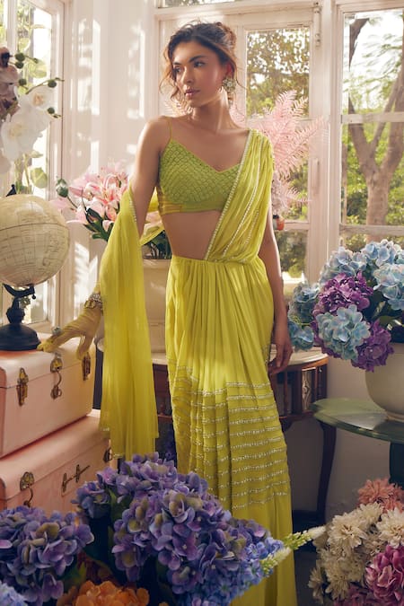 Buy Tabeer India Green Georgette, Net Sequins, Pre-draped Saree With Scallop Embellished Blouse Online at Aza Fashions Buy_Tabeer India_Green Georgette, Net Sequins, Pre-draped Saree With Scallop Embellished Blouse _Online_at_Aza_Fashions
