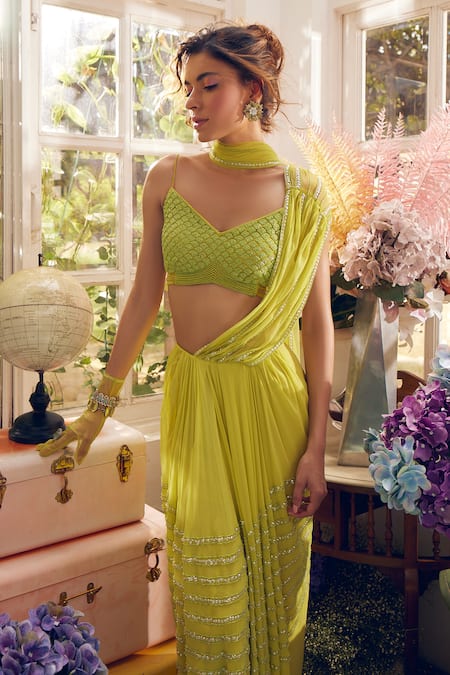 Shop Tabeer India Green Georgette, Net Sequins, Pre-draped Saree With Scallop Embellished Blouse Online at Aza Fashions Shop_Tabeer India_Green Georgette, Net Sequins, Pre-draped Saree With Scallop Embellished Blouse _Online_at_Aza_Fashions