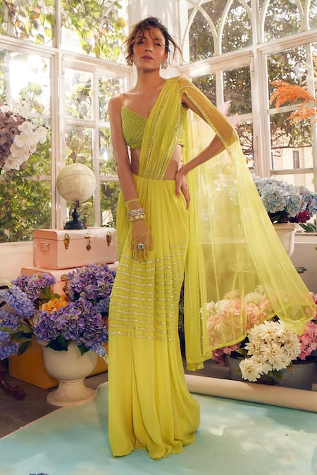 Tabeer India Green Georgette, Net Sequins, Pre-draped Saree With Scallop Embellished Blouse at Aza Fashions Tabeer India_Green Georgette, Net Sequins, Pre-draped Saree With Scallop Embellished Blouse _at_Aza_Fashions