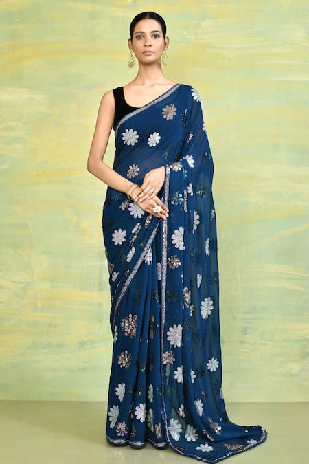 Nazaakat by Samara Singh Blue Georgette Embroidered Sequin Kesari Saree With Running Blouse