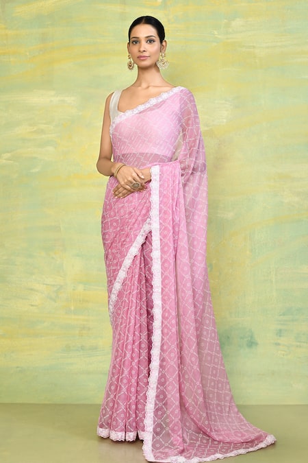 Nazaakat by Samara Singh Purple Chiffon Printed Checkered Kirti Saree With Running Blouse