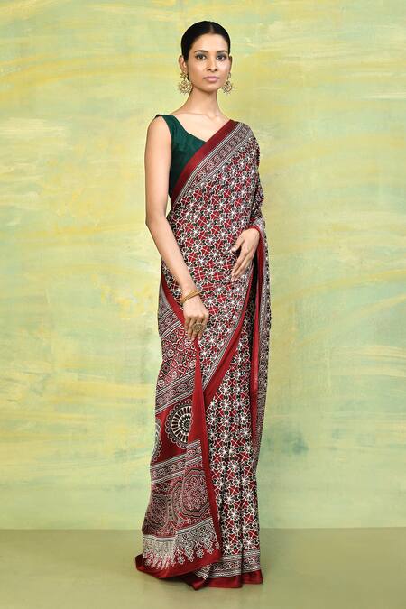 Buy_Samyukta Singhania_Maroon Crepe Ajrakh Print Saree With Running Blouse_Online_at_Aza_Fashions