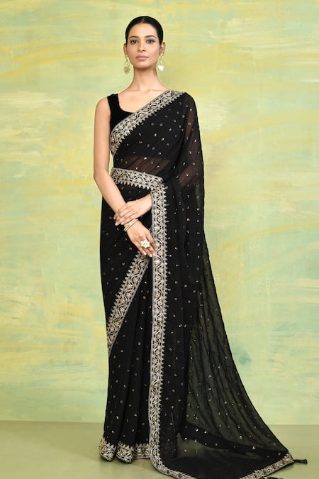 Nazaakat by Samara Singh Black Georgette Embroidered Thread And Sequin Riddhi Saree With Running Blouse