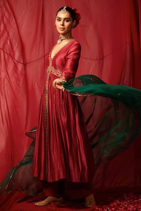 Tabeer India_Red Silk, Polyester, Organza Crystals, Sequins Embellished Anarkali Palazzo Set _Online_at_Aza_Fashions
