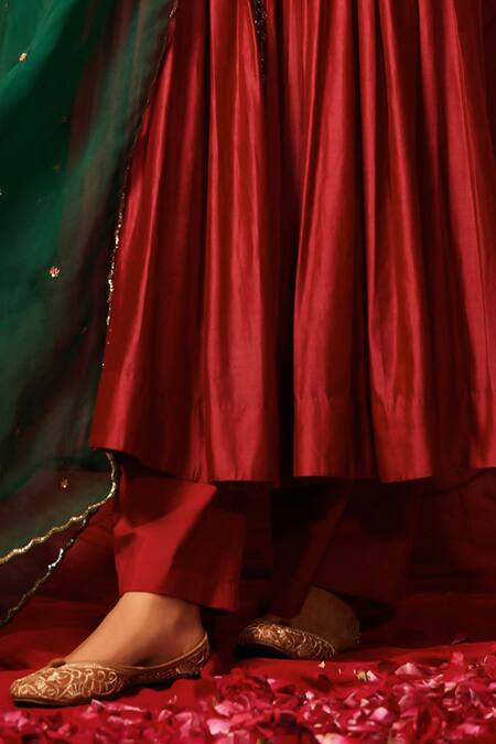 Buy_Tabeer India_Red Silk, Polyester, Organza Crystals, Sequins Embellished Anarkali Palazzo Set _Online_at_Aza_Fashions