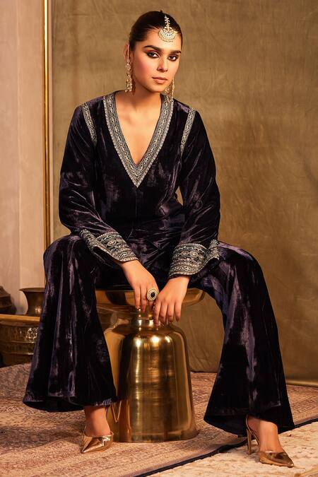 Buy Tabeer India Blue Silk, Velvet, Crepe Cut Work, Mirrors, Border Embellished Top And Sharara Set Online at Aza Fashions Buy_Tabeer India_Blue Silk, Velvet, Crepe Cut Work, Mirrors, Border Embellished Top And Sharara Set _Online_at_Aza_Fashions