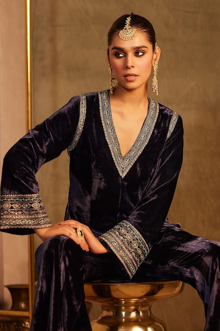 Shop Tabeer India Blue Silk, Velvet, Crepe Cut Work, Mirrors, Border Embellished Top And Sharara Set Online at Aza Fashions Shop_Tabeer India_Blue Silk, Velvet, Crepe Cut Work, Mirrors, Border Embellished Top And Sharara Set _Online_at_Aza_Fashions