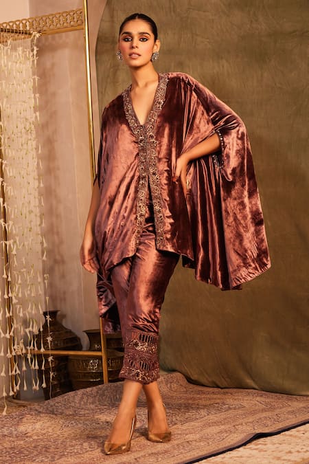 Tabeer India Brown Silk Velvet Embellished Resham V Neck Border Cape Jacket And Pant Set