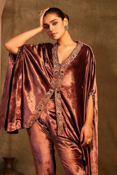 Tabeer India_Brown Silk, Velvet, Crepe Mirrors, Border Embellished Cape Jacket And Pant Set _at_Aza_Fashions