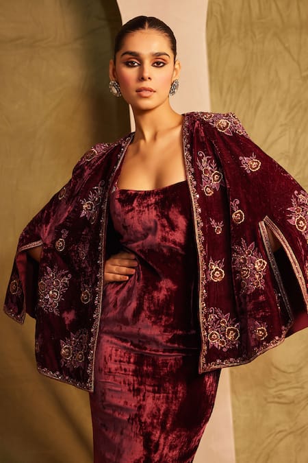 Buy_Tabeer India_Wine Silk, Velvet, Crepe Sequins, Cut Work, Solid Dress With Embellished Jacket _Online_at_Aza_Fashions