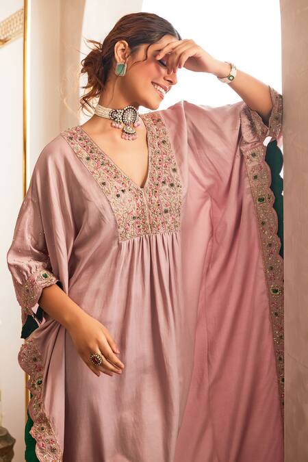 Tabeer India_Purple Kaftan Satin Silk Embellished Dabka V Neck Yoke And Pant Set_Online_at_Aza_Fashions