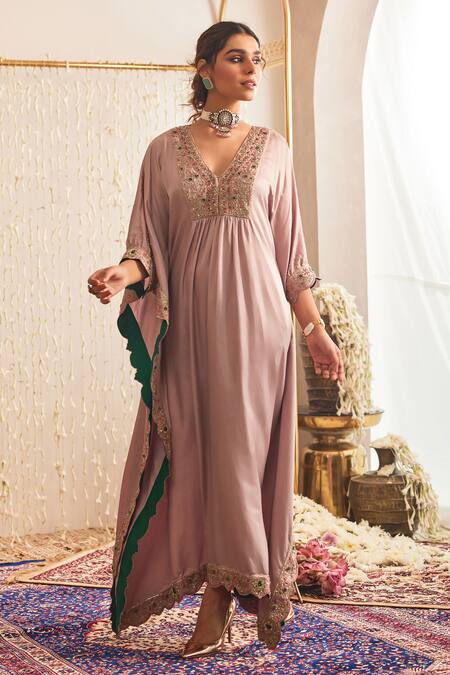 Buy_Tabeer India_Purple Kaftan Satin Silk Embellished Dabka V Neck Yoke And Pant Set_Online_at_Aza_Fashions