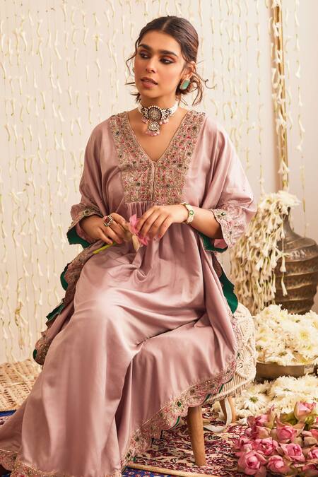 Shop_Tabeer India_Purple Kaftan Satin Silk Embellished Dabka V Neck Yoke And Pant Set_Online_at_Aza_Fashions