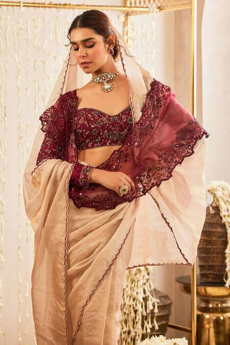 Tabeer India_Beige Silk, Tissue, Organza Scallop Bordered Pre-draped Saree Set With Stole _Online_at_Aza_Fashions