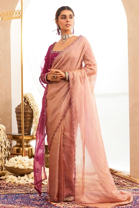 Tabeer India Border Embroidered Pre-Draped Saree Set With Stole 