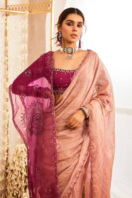 Tabeer India_Purple Silk, Tissue, Organza Border Embroidered Pre-draped Saree Set With Stole _Online_at_Aza_Fashions