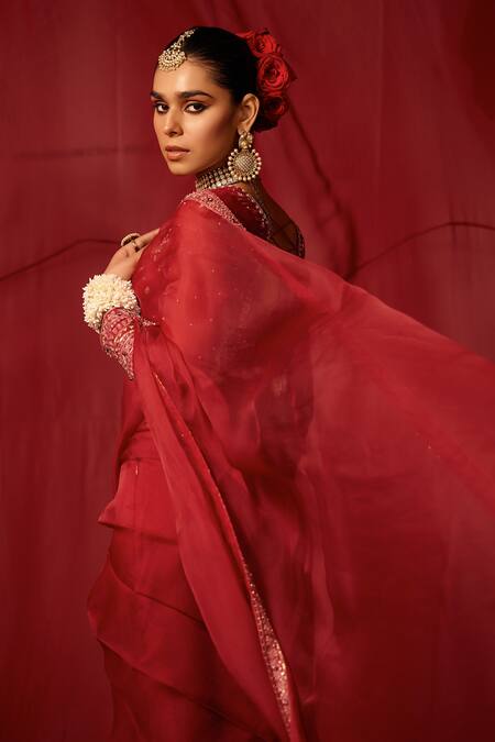 Tabeer India_Pink Organza, Crepe Placement Embellished Pre-draped Saree With Blouse _Online_at_Aza_Fashions