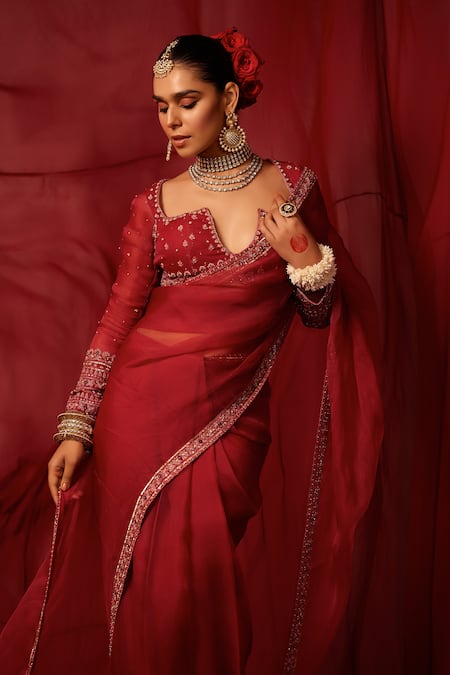 Buy_Tabeer India_Pink Organza, Crepe Placement Embellished Pre-draped Saree With Blouse _Online_at_Aza_Fashions