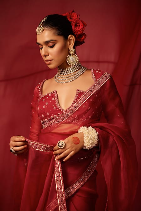 Shop_Tabeer India_Pink Organza, Crepe Placement Embellished Pre-draped Saree With Blouse _Online_at_Aza_Fashions