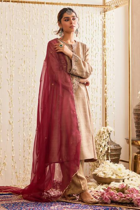 Buy Tabeer India Beige Tissue, Organza Crystals, Neckline Embellished Anarkali Palazzo Set Online at Aza Fashions Buy_Tabeer India_Beige Tissue, Organza Crystals, Neckline Embellished Anarkali Palazzo Set _Online_at_Aza_Fashions