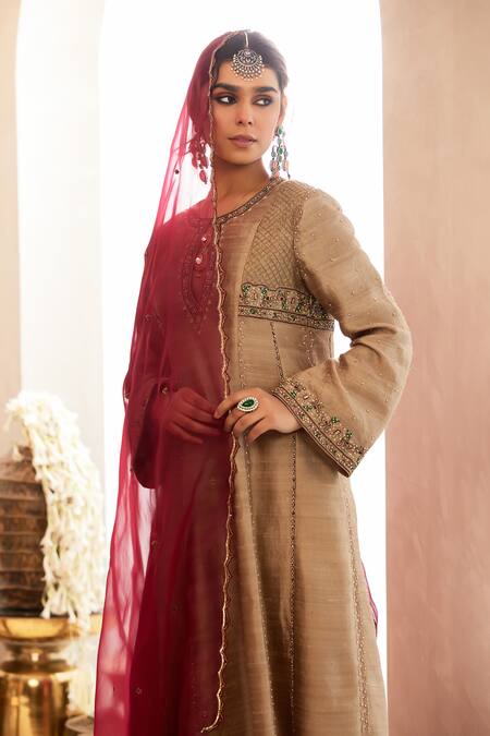 Shop Tabeer India Beige Tissue, Organza Crystals, Neckline Embellished Anarkali Palazzo Set Online at Aza Fashions Shop_Tabeer India_Beige Tissue, Organza Crystals, Neckline Embellished Anarkali Palazzo Set _Online_at_Aza_Fashions