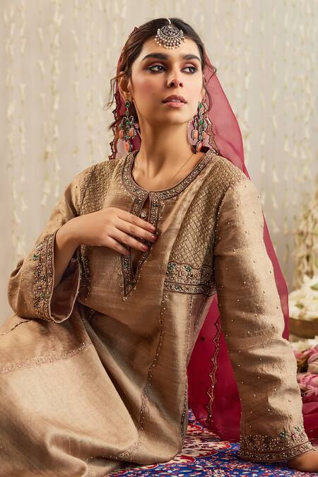 Tabeer India Beige Tissue, Organza Crystals, Neckline Embellished Anarkali Palazzo Set at Aza Fashions Tabeer India_Beige Tissue, Organza Crystals, Neckline Embellished Anarkali Palazzo Set _at_Aza_Fashions