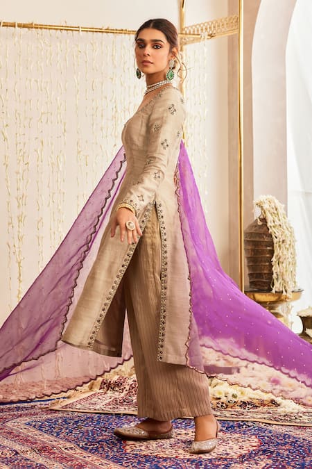 Shop Tabeer India Grey Silk, Organza, Tissue Crystals, Raw Embellished Kurta Palazzo Set Online at Aza Fashions Shop_Tabeer India_Grey Silk, Organza, Tissue Crystals, Raw Embellished Kurta Palazzo Set _Online_at_Aza_Fashions