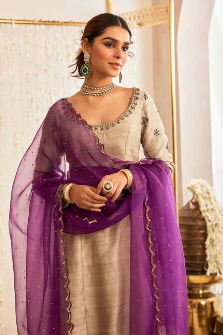 Tabeer India Grey Silk, Organza, Tissue Crystals, Raw Embellished Kurta Palazzo Set at Aza Fashions Tabeer India_Grey Silk, Organza, Tissue Crystals, Raw Embellished Kurta Palazzo Set _at_Aza_Fashions