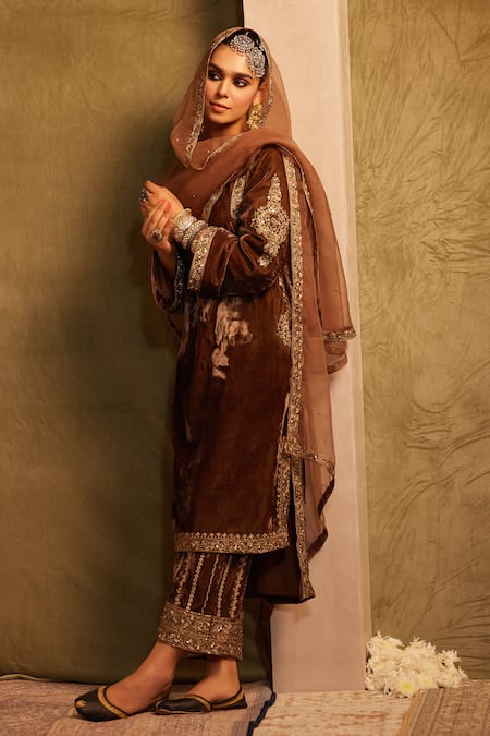 Buy_Tabeer India_Brown Silk, Organza, Crepe Cut Work, Mirrors, Floral Embellished Kurta Set _Online_at_Aza_Fashions