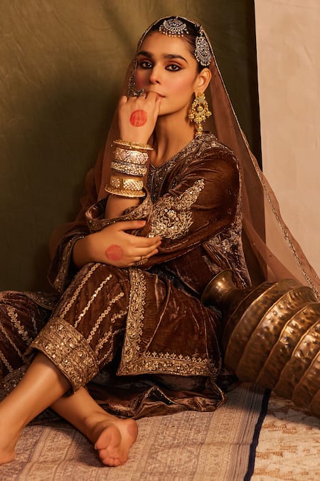 Shop_Tabeer India_Brown Silk, Organza, Crepe Cut Work, Mirrors, Floral Embellished Kurta Set _Online_at_Aza_Fashions
