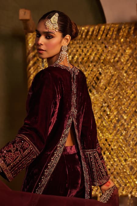 Buy Tabeer India Wine Silk, Velvet, Organza Cut Work, Sequins, Resham Embellished Kurta Set Buy_Tabeer India_Wine Silk, Velvet, Organza Cut Work, Sequins, Resham Embellished Kurta Set