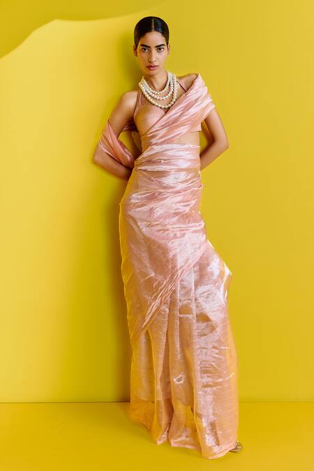 Ekaya Banaras_Pink Tissue Stripe Handwoven Saree _Online_at_Aza_Fashions