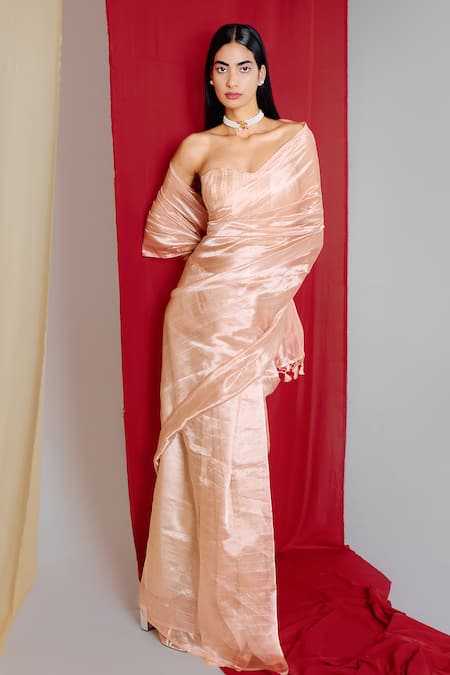 Shop_Ekaya Banaras_Peach Tissue Handwoven Linear Saree _at_Aza_Fashions
